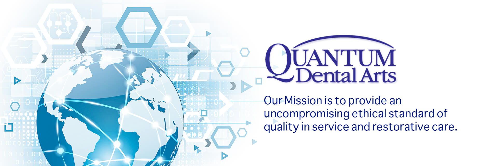 Quantum Dental Arts logo with mission statement emphasizing ethical, high-quality dental care and restorative services.